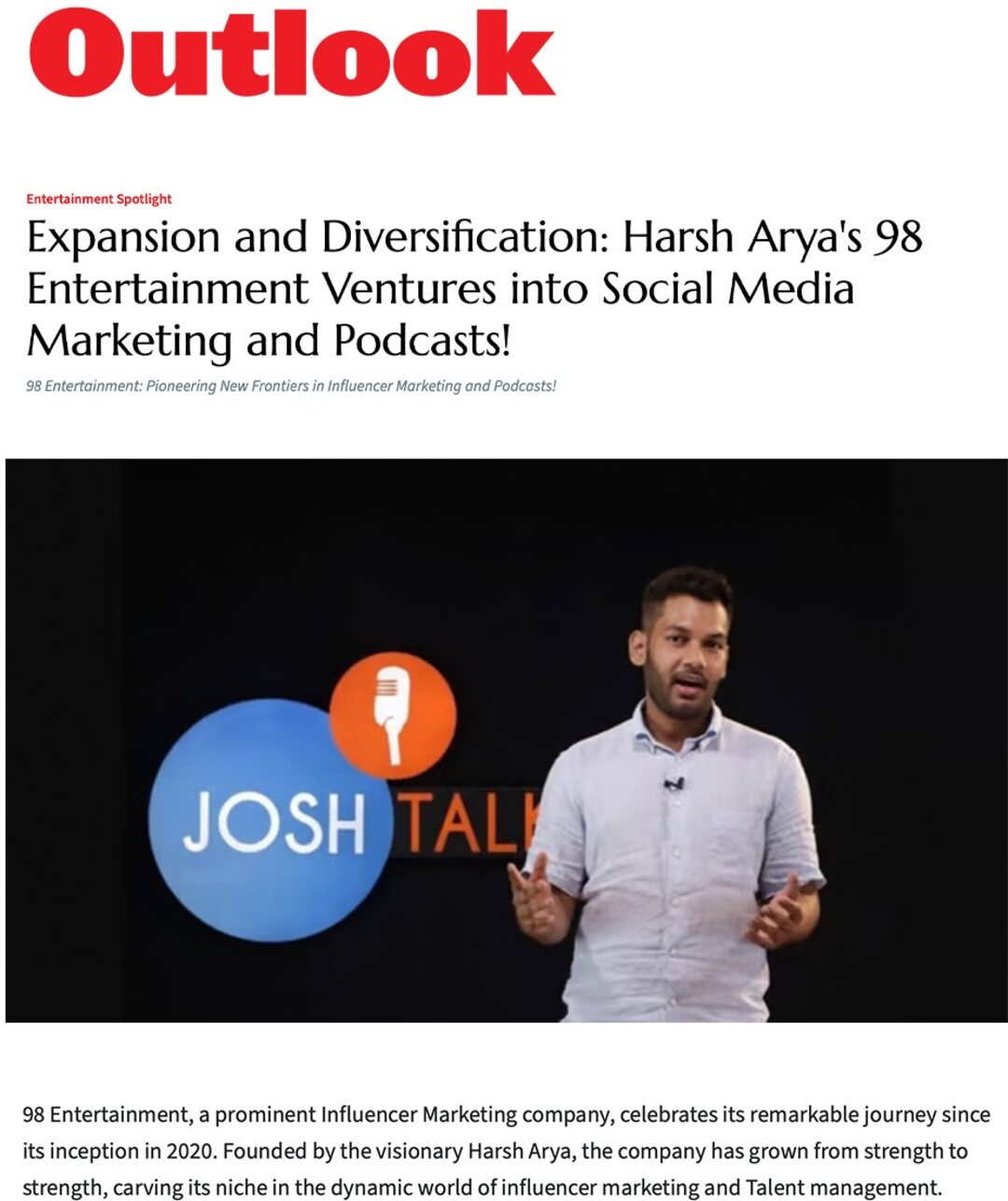 Outlook — Expansion and Diversification: Harsh Arya's 98 Entertainment